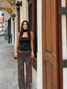 Brown Shiny Fashion See Through Street Trousers Summer Loose Beading Wide Leg Pants Women 2025 New Lady Mesh Outerwear