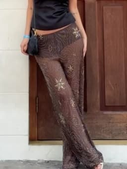 Brown Shiny Fashion See Through Street Trousers Summer Loose Beading Wide Leg Pants Women 2025 New Lady Mesh Outerwear