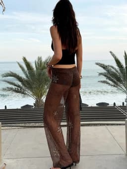 Brown Shiny Fashion See Through Street Trousers Summer Loose Beading Wide Leg Pants Women 2025 New Lady Mesh Outerwear
