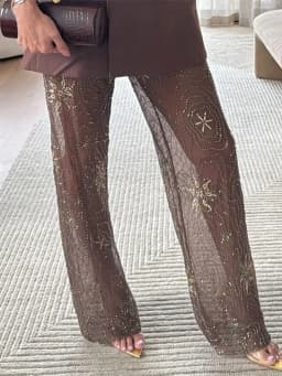 Brown Shiny Fashion See Through Street Trousers Summer Loose Beading Wide Leg Pants Women 2025 New Lady Mesh Outerwear