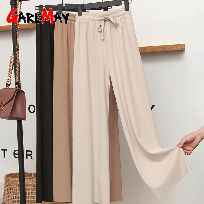 Slacks Women's Loose Summer Pants Soft Ice Silk Ankle-Length Black Wide Leg Pants Grey Khaki Women High Waisted Trousers