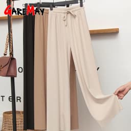 Slacks Women's Loose Summer Pants Soft Ice Silk Ankle-Length Black Wide Leg Pants Grey Khaki Women High Waisted Trousers