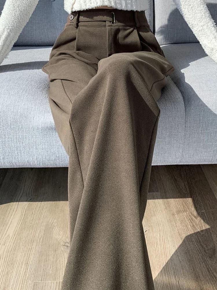 Brown Woolen High-end Suit Pants for Women in Autumn and Winter 2023 New Narrow Version Straight Wide-leg Pants with Drape