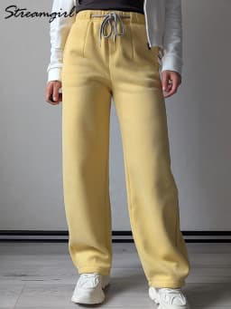 Streamgirl Warm Pants For Women Winter Brown Wide Leg Fleece Sweatpants Women Baggy Sport Winter Thick Velvet Warm Trousers