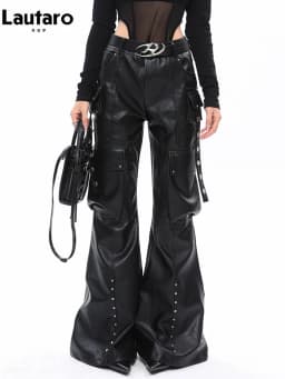 Lautaro Spring Autumn Soft Black Baggy Pu Leather Wide Leg Cargo Pants for Women High Waist Luxury Designer Emo American Clothes