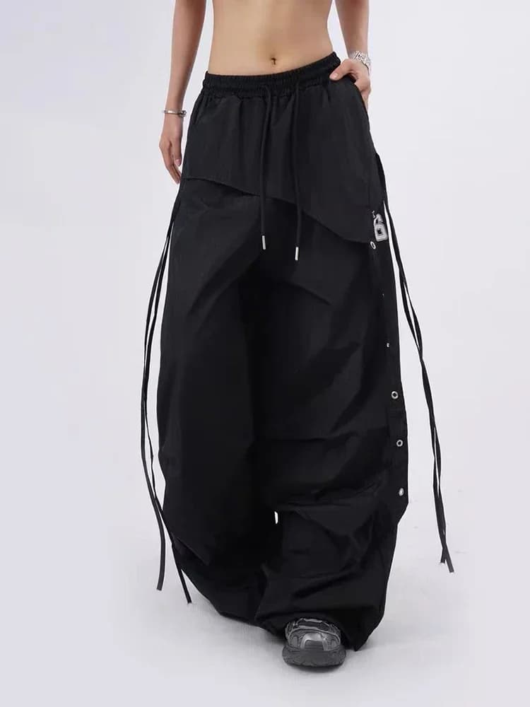 Y2K Streetwear Cargo Pants Women High Waist Baggy Patchwork Parachute Pants Bf Hip Hop All Match Ribbon Jazz Dance Sweatpants