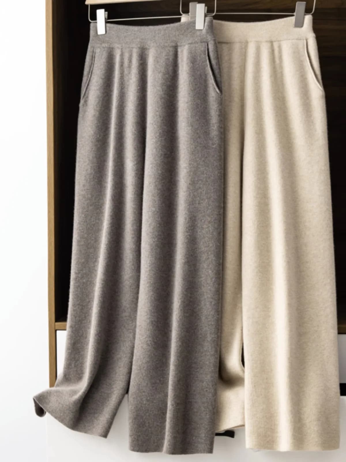 Elegant Pure High Waist Drooping Wide-Leg Pants Women's Outer Wear with Pockets Baggy Straight Trousers Knitted Mop Trousers