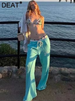 DEAT Fashion Mint Green Wide Leg Drawstring Sweatpants Women's Elastic High Rise Trousers Summer New 7A4833