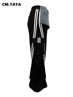 CM.YAYA Fashion Women Denim Patchwork Pocket Side Wide Leg Loose Jogger Pants 2024 Active Jean Splicing Sweatpants Trousers