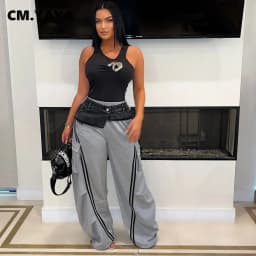 CM.YAYA Fashion Women Denim Patchwork Pocket Side Wide Leg Loose Jogger Pants 2024 Active Jean Splicing Sweatpants Trousers