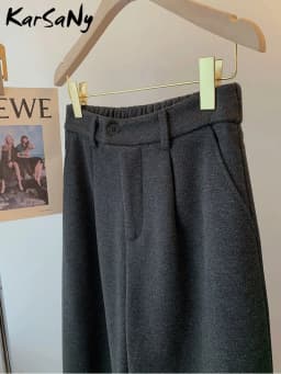 KarSaNy Black Woolen Cropped Pants Women Office Wear Wide Leg Trousers High Waist Gray Straight Leg Pants For Women Winter