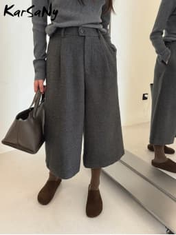 KarSaNy Black Woolen Cropped Pants Women Office Wear Wide Leg Trousers High Waist Gray Straight Leg Pants For Women Winter