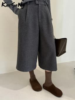 KarSaNy Black Woolen Cropped Pants Women Office Wear Wide Leg Trousers High Waist Gray Straight Leg Pants For Women Winter