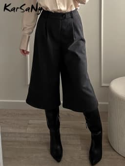 KarSaNy Black Woolen Cropped Pants Women Office Wear Wide Leg Trousers High Waist Gray Straight Leg Pants For Women Winter