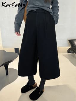 KarSaNy Black Woolen Cropped Pants Women Office Wear Wide Leg Trousers High Waist Gray Straight Leg Pants For Women Winter