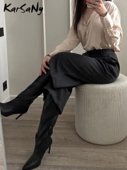 KarSaNy Black Woolen Cropped Pants Women Office Wear Wide Leg Trousers High Waist Gray Straight Leg Pants For Women Winter