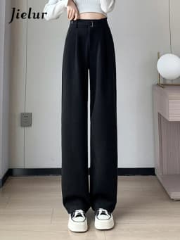 Jielur Winter Thick Loose Casual Female Wide Leg Pants Pure Color Chic Buttons Straight Slim Fashion Women Pants Black Apricot