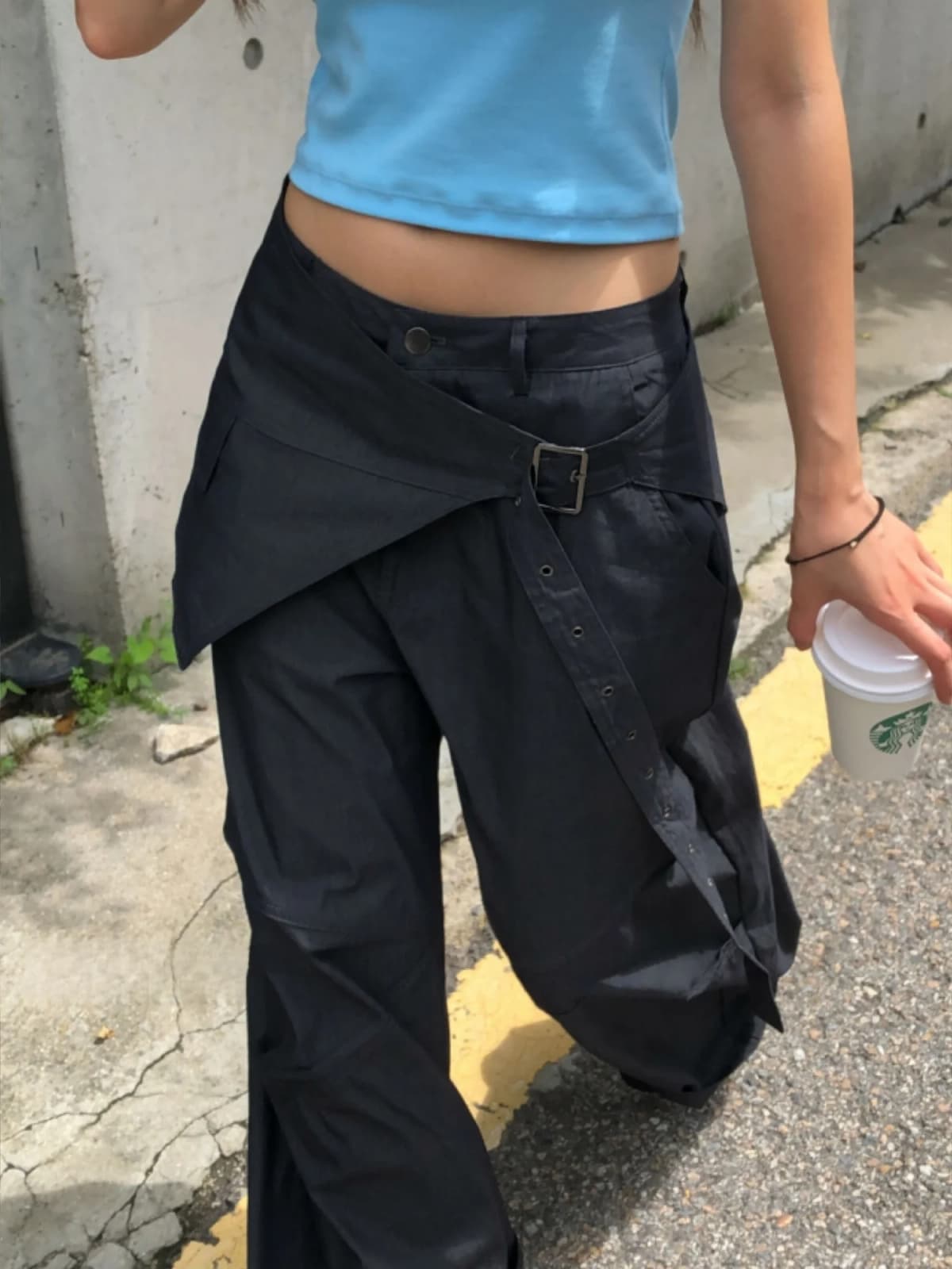 Stylish Loose Wide Leg Casual Pants Simple Elegant Layering Fake Two-Piece Design Street Retro Feel High Waist Straight Leg