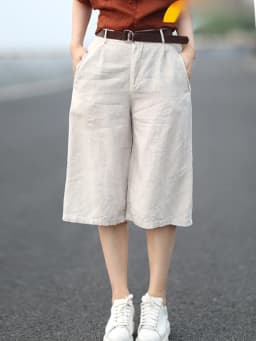 Retro Artistic Loose Slim Cotton Linen Wide Leg Pants Women Summer Casual Linen Five-Point orts Straight Mid-Length orts ...