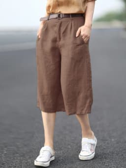 Retro Artistic Loose Slim Cotton Linen Wide Leg Pants Women Summer Casual Linen Five-Point orts Straight Mid-Length orts ...