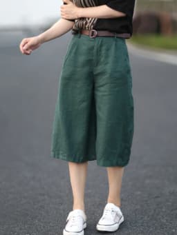 Retro Artistic Loose Slim Cotton Linen Wide Leg Pants Women Summer Casual Linen Five-Point orts Straight Mid-Length orts ...