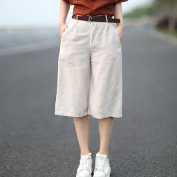 Retro Artistic Loose Slim Cotton Linen Wide Leg Pants Women Summer Casual Linen Five-Point orts Straight Mid-Length orts ...