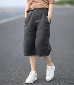 Retro Artistic Loose Slim Cotton Linen Wide Leg Pants Women Summer Casual Linen Five-Point orts Straight Mid-Length orts ...