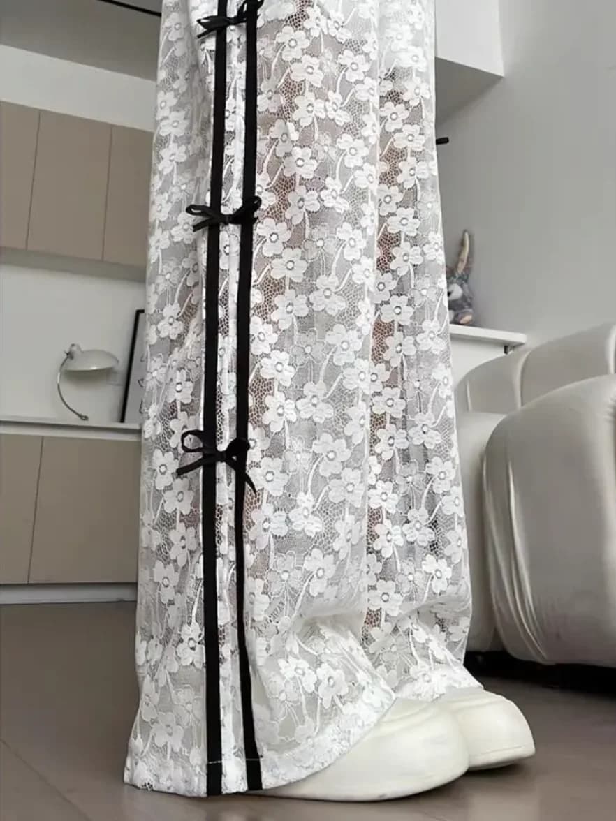 Lace Hollow out Splice Knot Wide Leg Pants Women's Spring Autumn New White Pants Straight Loose Casual Pants