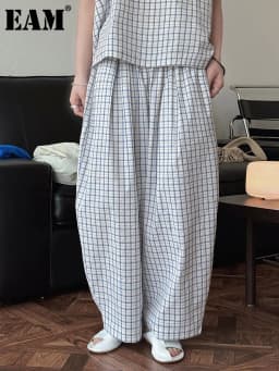 [EAM] High Elastic Waist Blue Plaid Brief Casual Wide Leg Pants New Trousers Women Fashion Tide Spring Autumn 2026 1DJ0747
