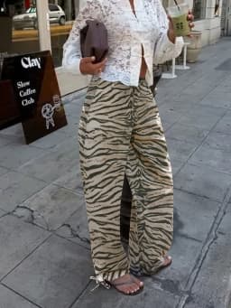 HH 2026 Vintage Women's Animal Print Wide Leg Pants With Drawstring Summer Female Hem Loose Fit Casual Mid Waist Street Trousers