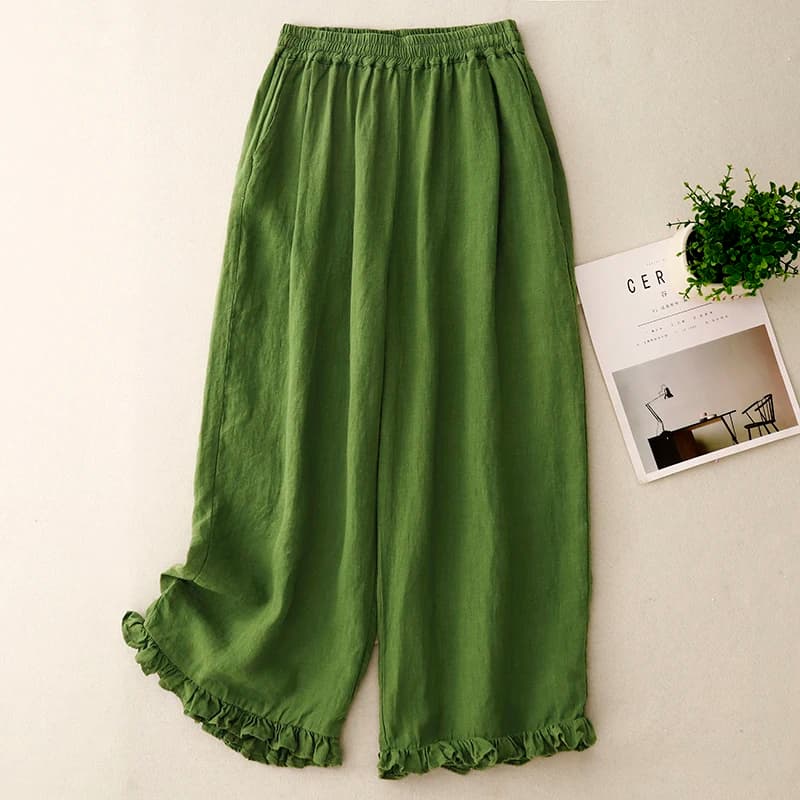 Cotton and Linen Nine-Minute Pants Women's Summer New Japanese Literary Wooden Ear Edge Fashion Chic High Waist Wide Leg Pants
