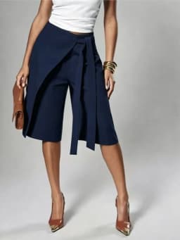Women Solid Wrap Overlay Shorts Fashion High Waist Lace Up Asymmetrical Wide Leg Knee Length Culottes Casual Office Lady Shorts