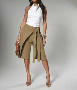 Women Solid Wrap Overlay Shorts Fashion High Waist Lace Up Asymmetrical Wide Leg Knee Length Culottes Casual Office Lady Shorts
