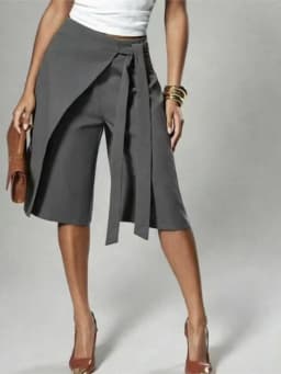 Women Solid Wrap Overlay Shorts Fashion High Waist Lace Up Asymmetrical Wide Leg Knee Length Culottes Casual Office Lady Shorts