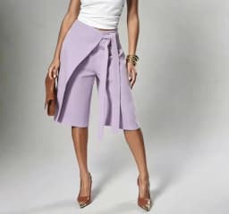 Women Solid Wrap Overlay Shorts Fashion High Waist Lace Up Asymmetrical Wide Leg Knee Length Culottes Casual Office Lady Shorts