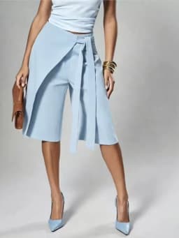 Women Solid Wrap Overlay Shorts Fashion High Waist Lace Up Asymmetrical Wide Leg Knee Length Culottes Casual Office Lady Shorts