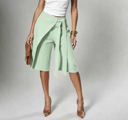 Women Solid Wrap Overlay Shorts Fashion High Waist Lace Up Asymmetrical Wide Leg Knee Length Culottes Casual Office Lady Shorts