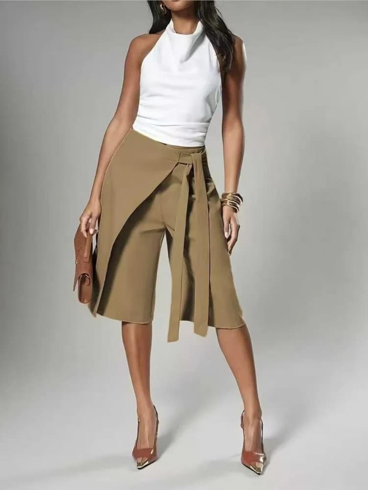 Women Solid Wrap Overlay Shorts Fashion High Waist Lace Up Asymmetrical Wide Leg Knee Length Culottes Casual Office Lady Shorts