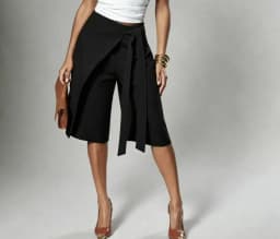 Women Solid Wrap Overlay Shorts Fashion High Waist Lace Up Asymmetrical Wide Leg Knee Length Culottes Casual Office Lady Shorts