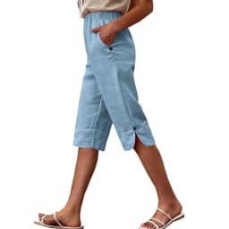 Women's Summer Capri Pants Casual Elastic High Waist Knee Length Pants With Pockets Solid Color Beach Cropped Trousers Capris