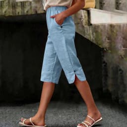 Women's Summer Capri Pants Casual Elastic High Waist Knee Length Pants With Pockets Solid Color Beach Cropped Trousers Capris