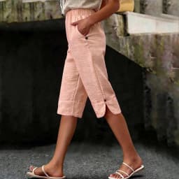 Women's Summer Capri Pants Casual Elastic High Waist Knee Length Pants With Pockets Solid Color Beach Cropped Trousers Capris