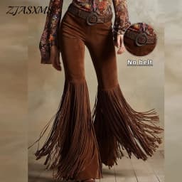 Vintage Solid Suede Splicing Tassel Pants Woman 2026 Spring High Waist Slim Flared Trousers New Autumn Casual Straight-leg Pants