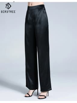 Birdtree 19MM 95% Real Silk Double Joe Summer Pants Women Loose Straight Wide Leg Pants Women's High Waist Pantalon B37958QD