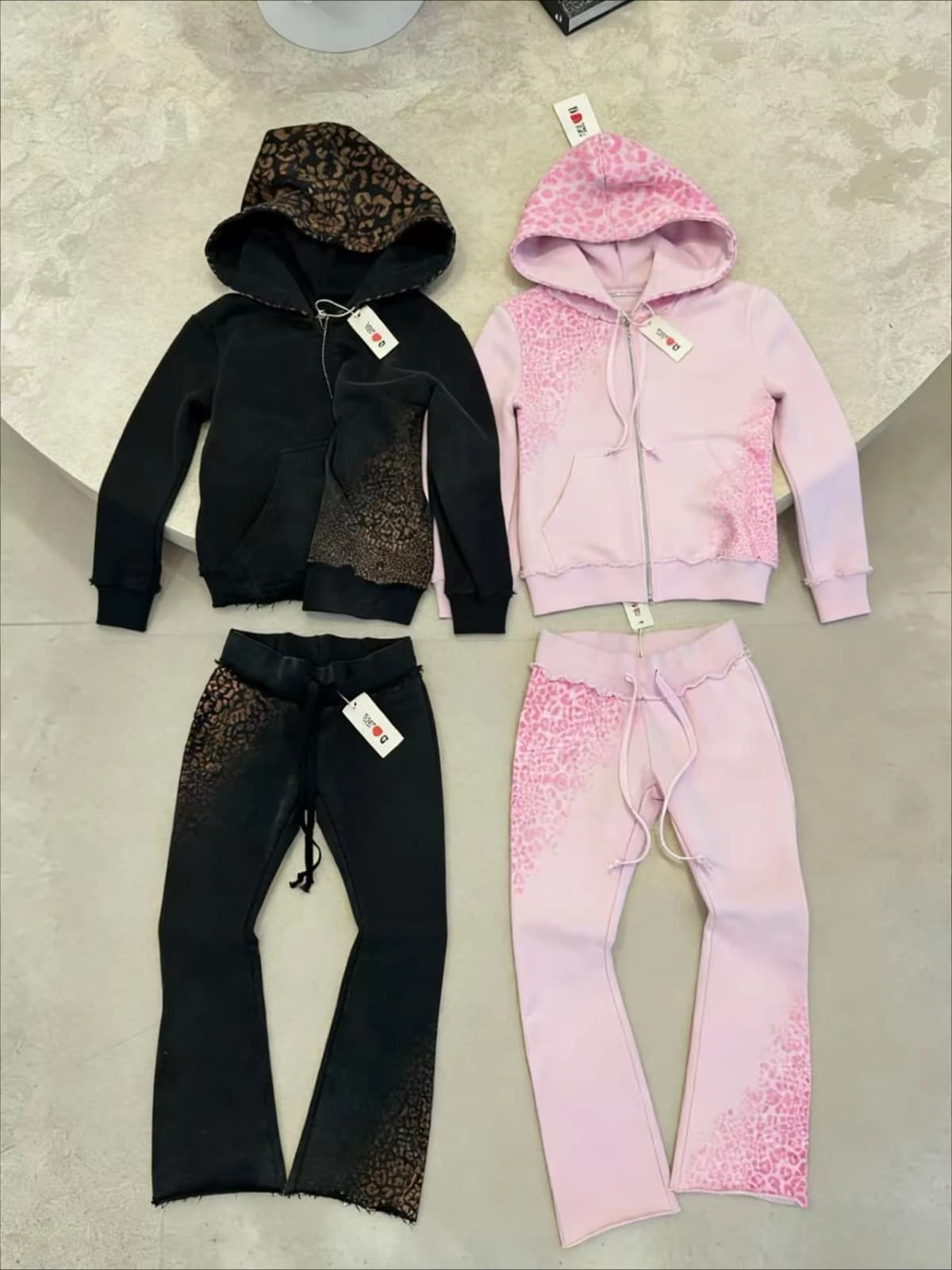 Womens Two Piece Y2K Leopard Print Pink Sports Suit Fashion Punk Sexy Slim Zipper Hoodies Micro Flared Drawstring Jogging Pants