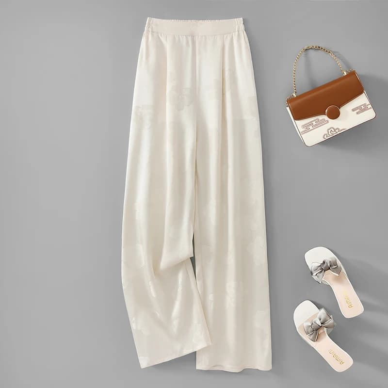 100% Mulberry Silk 19 Momme Jacquard Silk Women Casual Pants Elastic Waist Straight-leg Long Trousers with pockets FF082