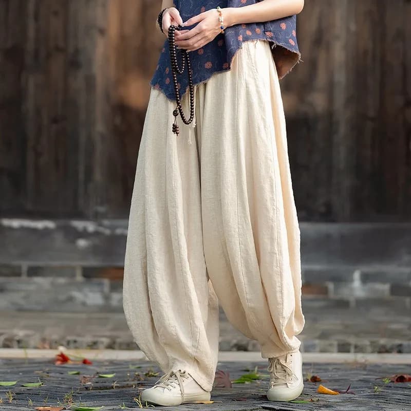 Johnature Women Vintage High Quality Cotton Ramie Bloomers Pants Solid Color Loose Autumn Trousers 2025 New Elastic Waist Pants