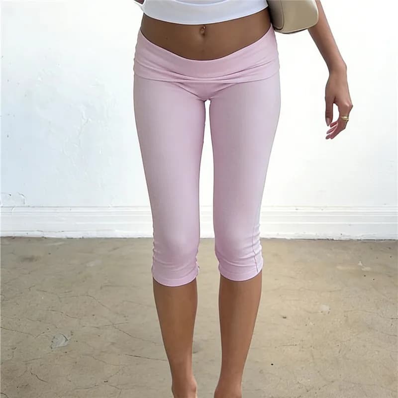Women Fold Over Capri Leggings Y2K Jogging Cycling Bottoms Coquette Low Rise Pencil Pants Stretch Lounge Yoga Athletic Crop Pant