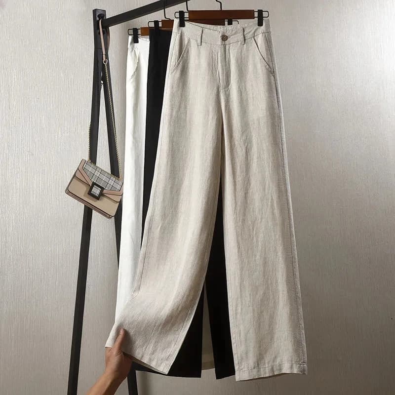 Women's Cotton Linen Straight Trousers Elastic High Waist Wild Wide Leg Pants Female Spring Summer Solid Color Loose Linen Pants