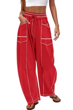 2025 Women's Pants Elastic Waist Drawstring Pocket Fashion High Street Casual Loose Sports Wide Leg Pants